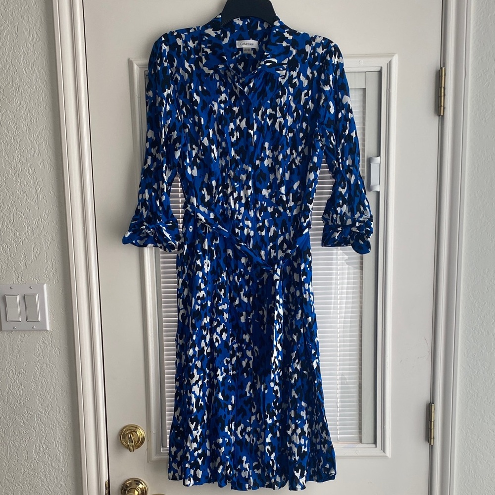 Calvin Klein Blue Printed Wrap Dress with Belt
